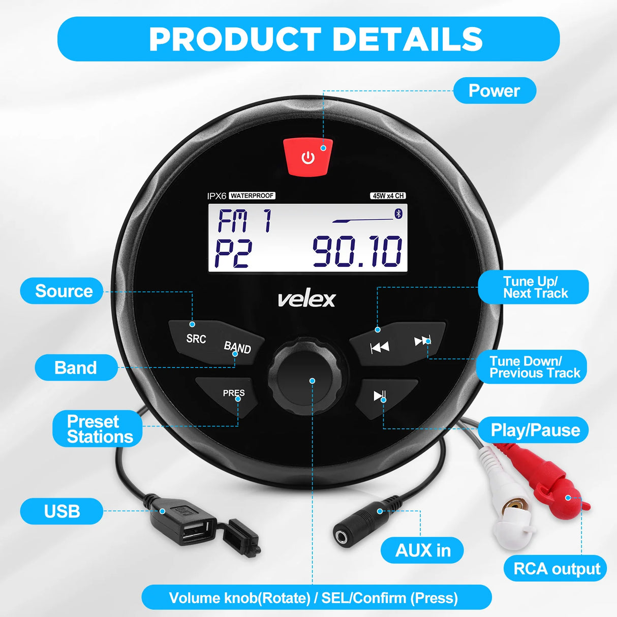 מערכת מדיה ימית Velex VX163 עם Bluetooth USB ו AM FM