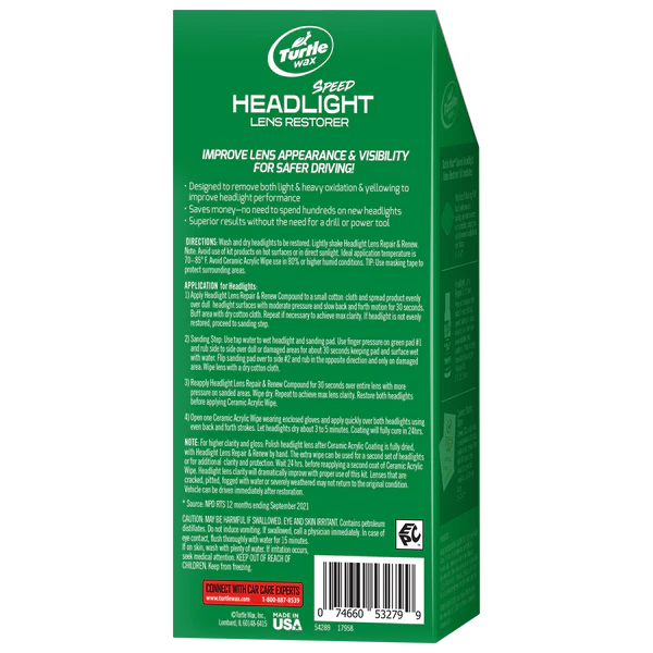 ערכת שחזור פנסי ראש לרכב Turtle Wax Speed Headlight Lens Restorer Kit