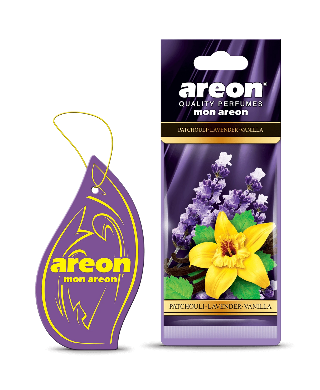AREON MON Patchouli ‑ Lavender ‑ Vanilla MA34 – עץ ריח תלוי בניחוח פצ'ולי, לבנדר ווניל